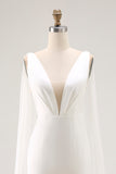 Ivory Mermaid V Neck Satin Long Wedding Dress with Watteau Train