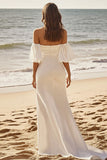A Line lvory Off The Shoulder Pleated Satin Long Wedding Dress
