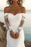 lvory Mermaid Off The Shoulder Lace Long Wedding Dress