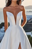 A Line Strapless lvory Satin Long Wedding Dress