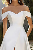Off the Shoulder Satin Ivory Wedding Dress with Slit