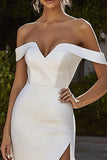 Ivory Off the Shoulder Mermaid Satin Wedding Dress with Slit