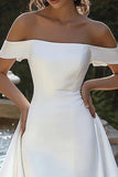 Ivory Off the Shoulder High-Low Wedding Dress with Draped Train