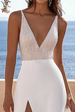Sparkly V Neck A Line Ivory Sequins Wedding Dressn With Slit