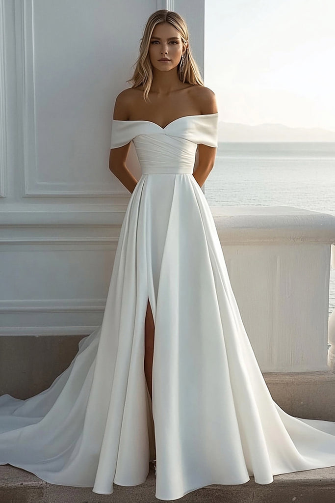 Stylish A-Line Satin V-neck Long Dress With Slit Ivory main image 1