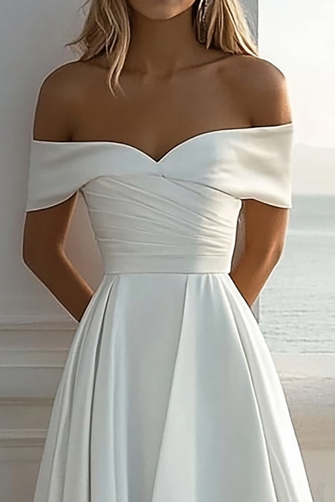 ZAPAKA Women Off The Shoulder Wedding Dress With Slit A Line Ivory