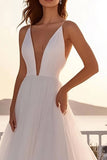 Tulle A Line Pleated Deep V Neck Ivory Wedding Dress