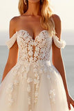 Off The Shoulder Lace Tulle Ivory A Line Wedding Dress