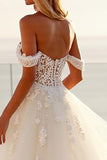 Off The Shoulder Lace Tulle Ivory A Line Wedding Dress
