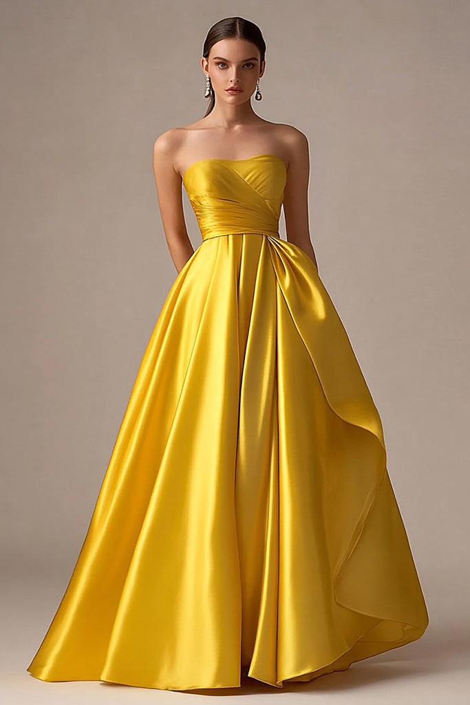Niulatu A Line Straps Satin Yellow Long Prom Dresses Formal Evening Dresses SD2711 main image 0