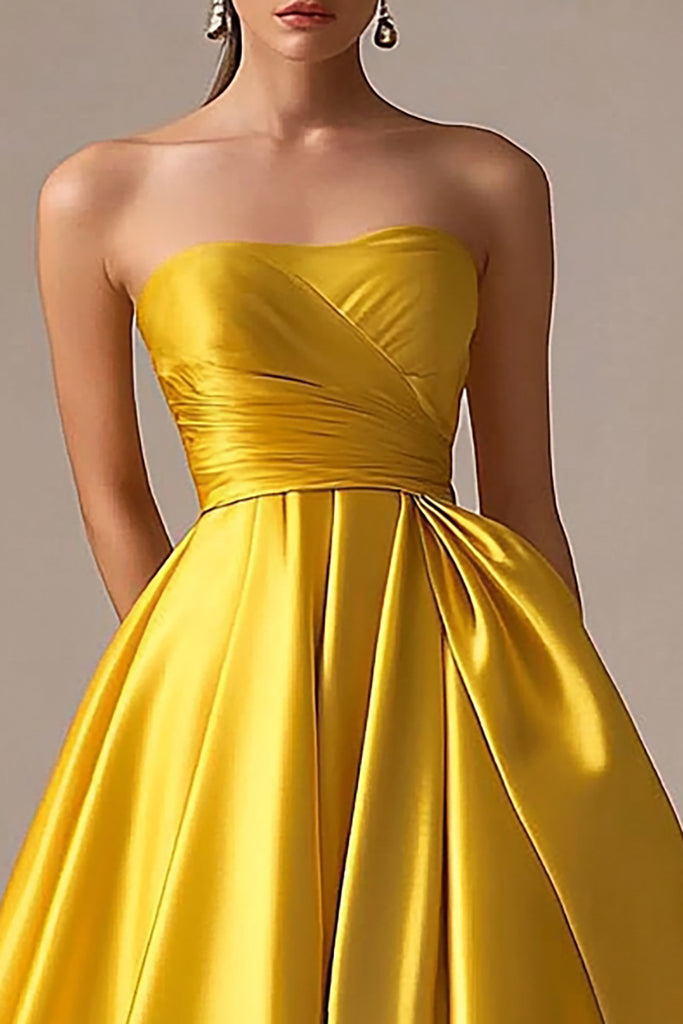 ZAPAKA Women Yellow Prom Dress Strapless A Line Ruched Satin Long