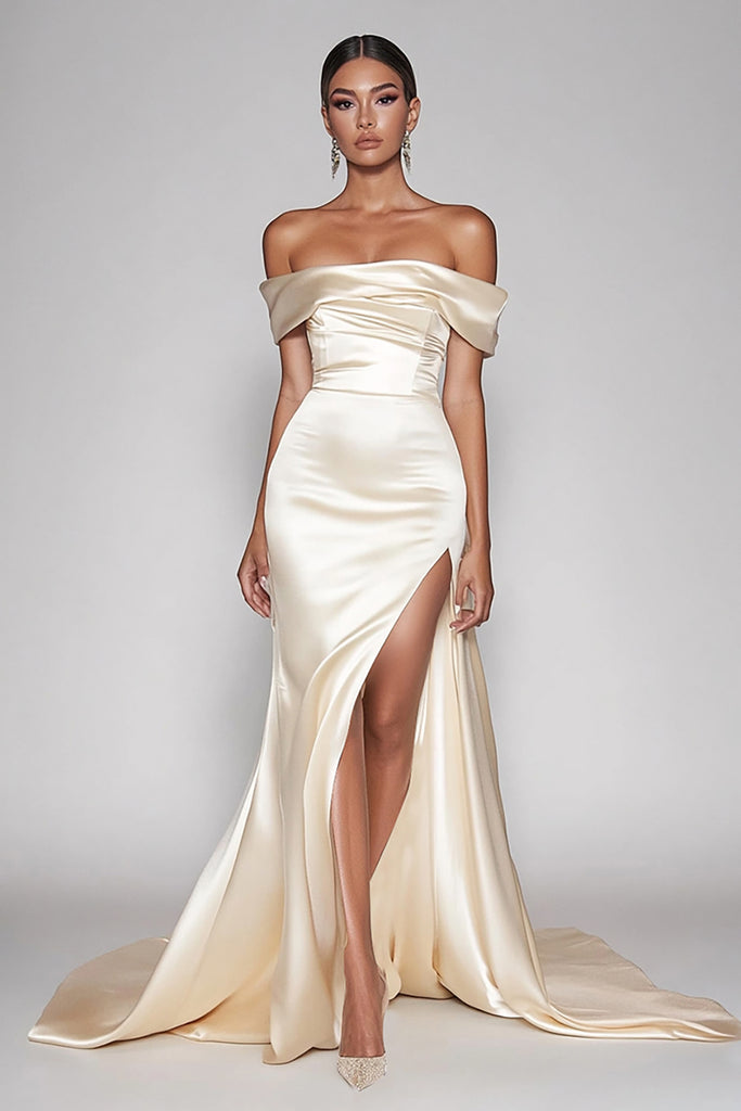 Mermaid Off-the-Shoulder Sequins Applique Satin Champagne Prom Dress main image 1