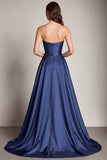 Navy Sweetheart A Line Satin Long Prom Dress