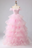 Pink Princess Off The Shoulder Tiered Ruffled Long Prom Dress with Sequins