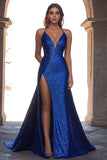 A Line Royal Blue Halter Sequin Plus Long Prom Dress
