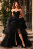 A Line Black Strapless Tiered Plus Long Prom Dress