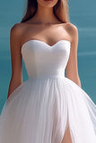 White A-Line Strapless Tulle Long Beach Dress with Slit