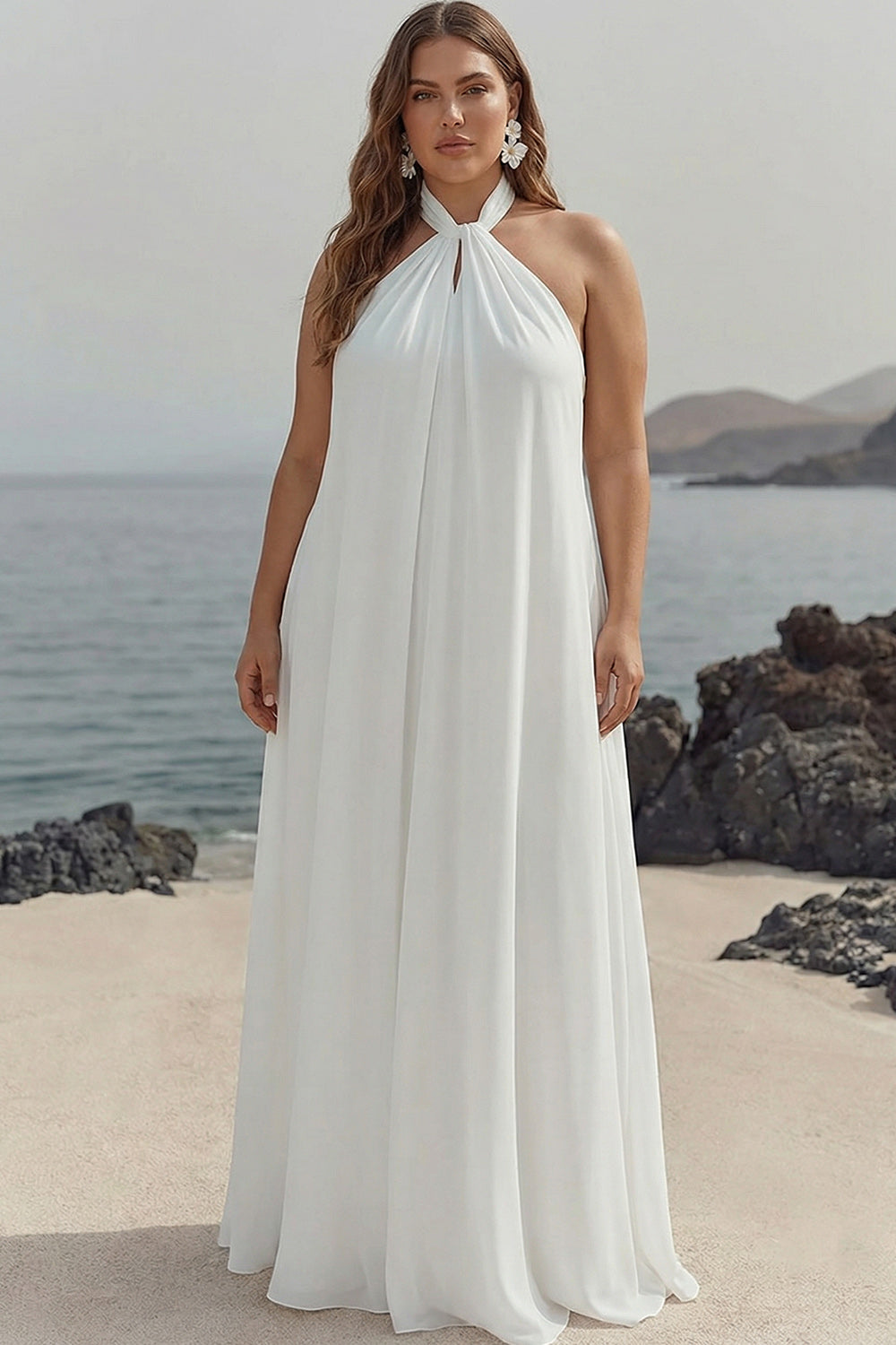 Zapaka Women White Beach Dress Plus Size Sheath Chiffon Halter Long Bridal Dress, White / US18W Zapaka Women White Beach Dress Plus Size Sheath Chiffon Halter Long Bridal Dress, White / US18W