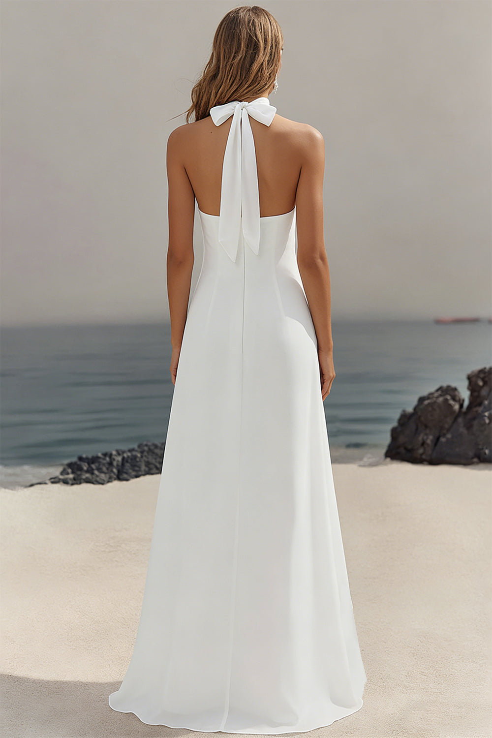 ZAPAKA Women White Long Beach Dress Sheath Halter Chiffon Bridal Dress, White / US16W ZAPAKA Women White Long Beach Dress Sheath Halter Chiffon Bridal Dress, White / US16W
