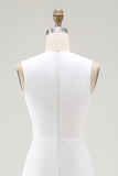 White Sheath V Neck Ruched Long Formal Dress