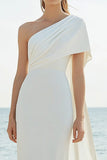 White One Shoulder Cape Sheath Satin Long Formal Dress