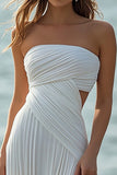Strapless White A Line Pleated Beach Dress with Slit