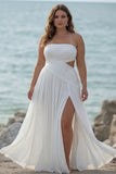 Strapless White A Line Pleated Plus Size Beach Dress with Slit