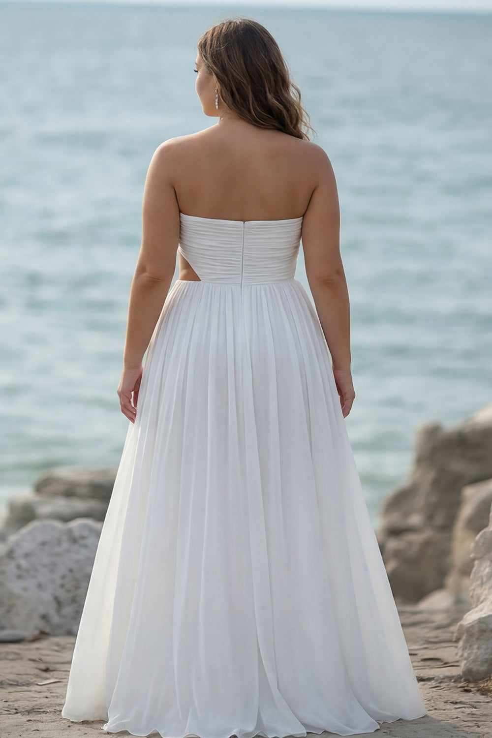 ZAPAKA Women Strapless Plus Size White Dress Pleated A Line Chiffon