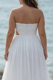 Strapless White A Line Pleated Plus Size Beach Dress with Slit