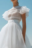 A Line White Tulle High Neck Graduation Dress with Ruffles