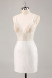 Sparkly White Sequins Bodycon Spaghetti Straps Graduation Dress