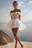 Off the Shoulder A Line White Ruffled Graduation Dress