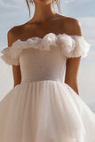 Off the Shoulder A Line White Ruffled Graduation Dress