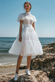 White High Neck A Line Ruffled Graduation Dress