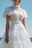 White High Neck A Line Ruffled Graduation Dress