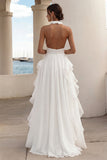 White A-Line Halter Ruffle Long Formal Dress with High Slit