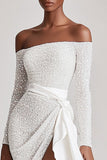 Off The Shoulder Sequins Graduation Dress with Long Sleeves