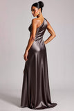 Dark Grey One Shoulder Long Satin Formal Dress with Slit