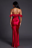 Red Ruffled Off the Shoulder Mermaid Long Formal Dress with Slit