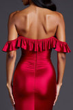 Red Ruffled Off the Shoulder Mermaid Long Formal Dress with Slit