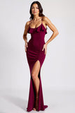 Burgundy Spaghetti Straps Mermaid Crepe Long Formal Dress with Slit
