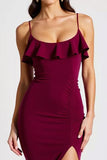 Burgundy Spaghetti Straps Mermaid Crepe Long Formal Dress with Slit