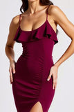 Burgundy Spaghetti Straps Mermaid Crepe Long Formal Dress with Slit