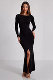 Matte Satin Black Sheath Long Sleeves Formal Dress with Slit