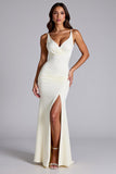 Mermaid Ivory V Neck Matte Satin Formal Dress with Slit