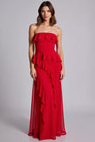 Red Ruffled Strapless A Line Chiffon Long Formal Dress