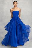 A Line Royal Blue Strapless Pleated Formal Dress