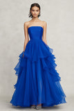 Chiffon Royal Blue Strapless Ruffled A Line Formal Dress