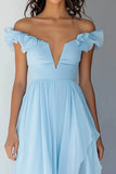 Off the Shoulder Sky Blue Chiffon Ruffled A Line Formal Dress