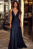 Satin A Line Navy Spaghetti Straps Long Formal Dress